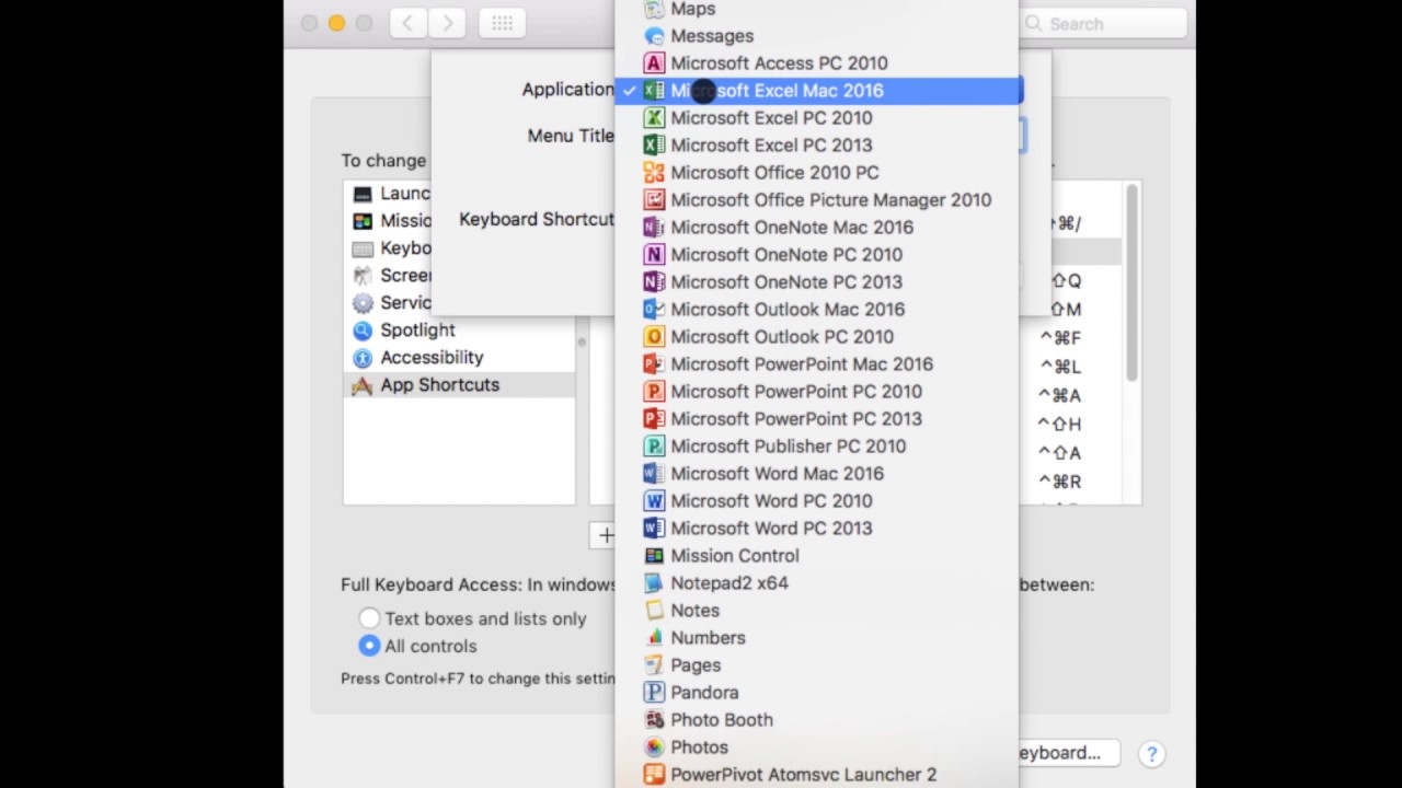 excel for mac assign shortcut